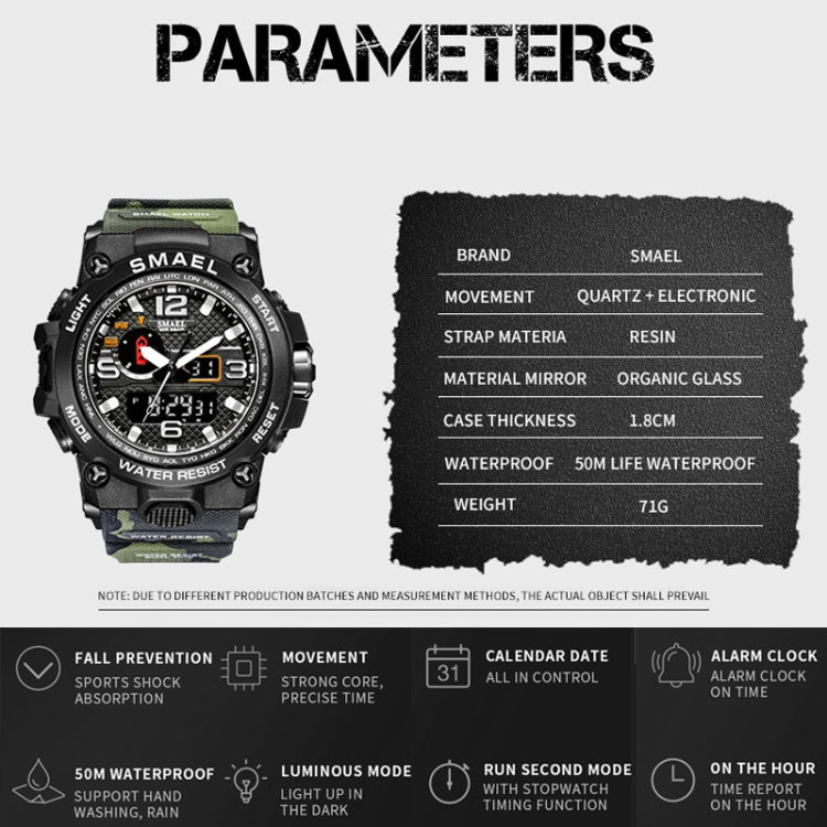 SMAEL 1545D Time Men Anti-falling Night Light Alarm Waterproof Sports Watch(Camouflage Khaki) - Sport Watches by SMAEL | Online Shopping UK | buy2fix