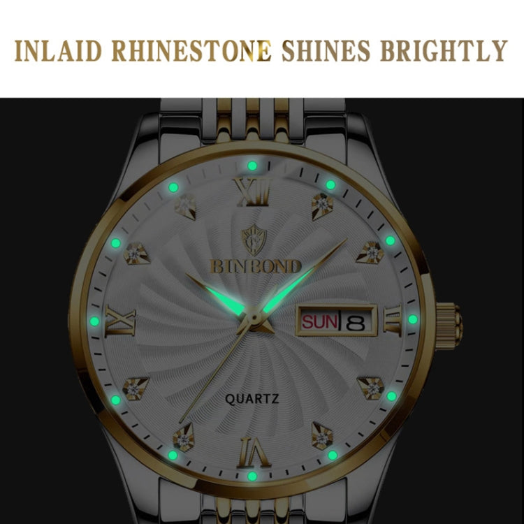 BINBOND B3034 Diamond 30m Waterproof Business Watch Men's Butterfly Buckle Luminous Quartz Watch(Inter-gold-White) - Metal Strap Watches by BINBOND | Online Shopping UK | buy2fix