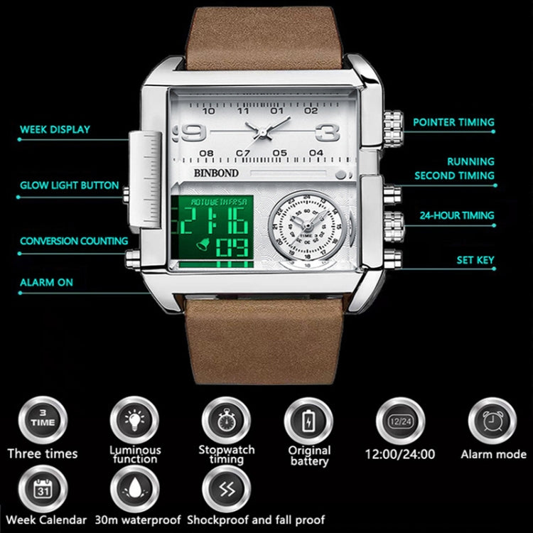 BINBOND B3332 Square Multifunctional Sports Quartz Waterproof Watch(Black Leather-Full-gold-Black) - Leather Strap Watches by BINBOND | Online Shopping UK | buy2fix
