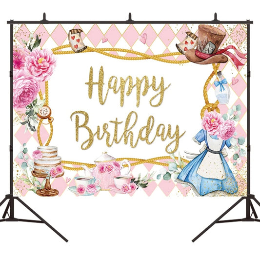 150 x 100cm Pink Flowers Cake Cartoon Birthday Background Cloth Birthday Decoration Banner Hanging Flags -  by buy2fix | Online Shopping UK | buy2fix