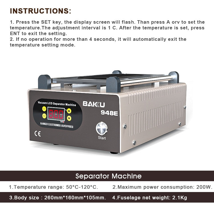 BAKU BA-948E Mobile Phone Liquid Crystal Separation Machine Flat Display Separator Heating Board EU Plug 220V - Separation Equipment by BAKU | Online Shopping UK | buy2fix