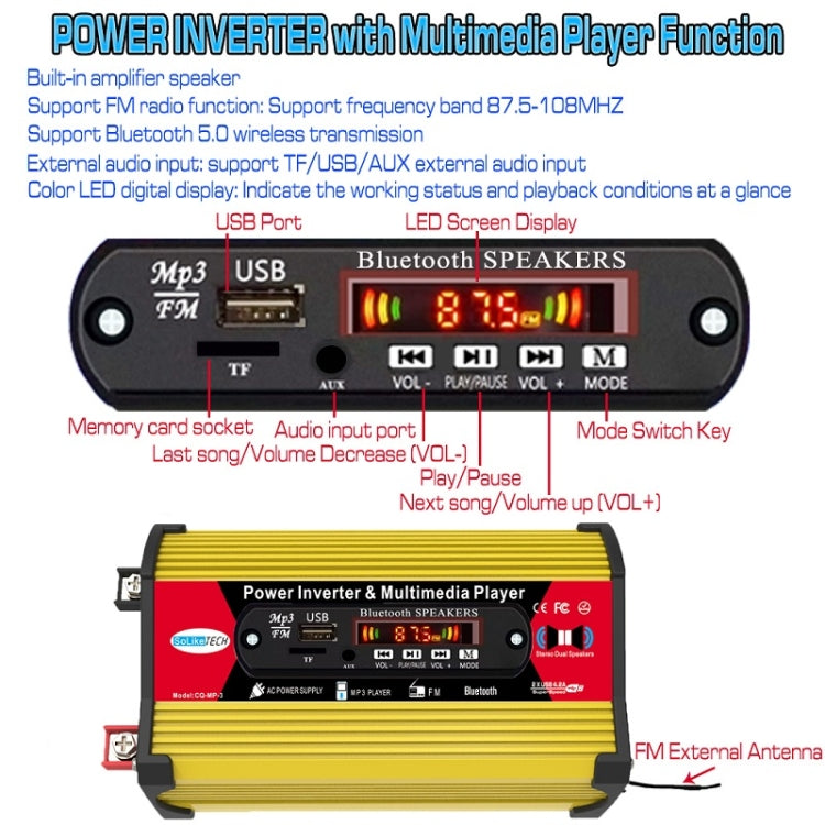 SOLIKE TECH 300W Modified Sine Wave Inverter with Bluetooth MP3/FM Multimedia Player 12V to 220V - Modified Square Wave by buy2fix | Online Shopping UK | buy2fix
