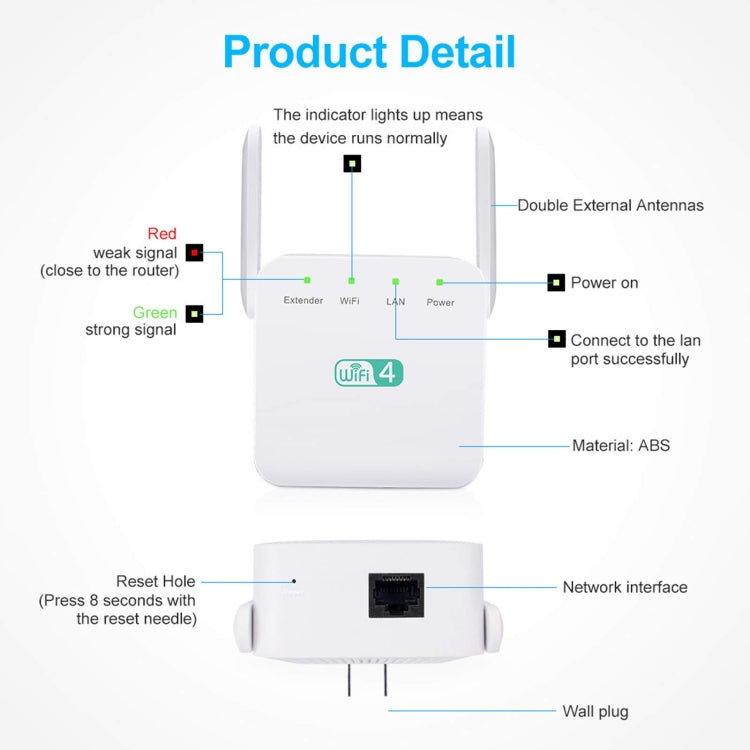 2.4G 300M Wi-Fi Amplifier Long Range WiFi Repeater Wireless Signal Booster US Plug White - Broadband Amplifiers by buy2fix | Online Shopping UK | buy2fix