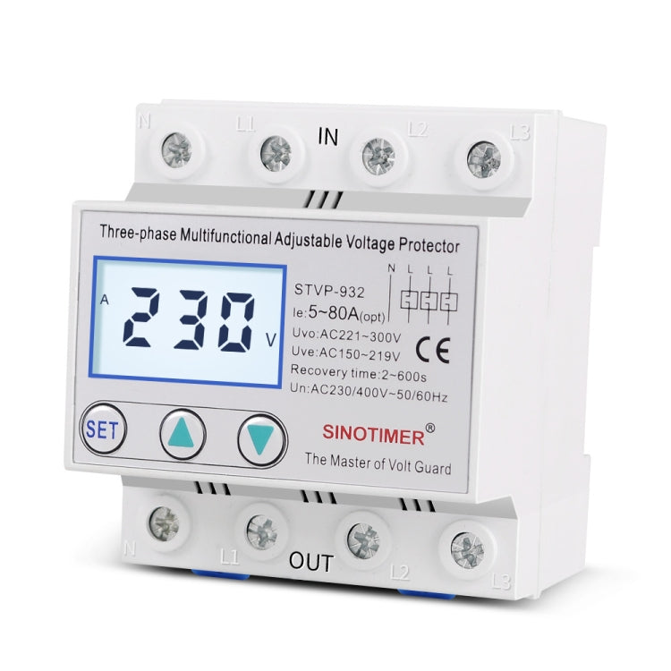 SINOTIMER STVP-932 80A 3-phase 380V LCD Self-resetting Adjustable Surge Voltage Protector - Other Tester Tool by SINOTIMER | Online Shopping UK | buy2fix
