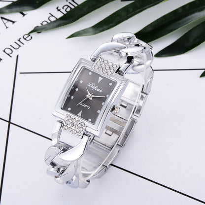 Square Dial Diamond Plated Hollow Alloy Bracelet Strap Quartz Watch for Women(Silver band black surface) - Bracelet Watches by buy2fix | Online Shopping UK | buy2fix